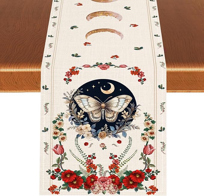Gothic Moth Table Runner, Boho Floral Gothic Sun Moon Phase Mystical Witchy Starlight Coffee Table Center Decor for Home Kitchen Dining Patio Holiday Party Table Decorations 13x108 inches