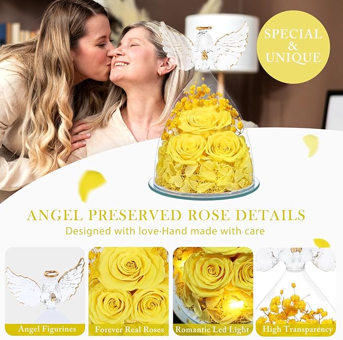 Preserved Flower Rose Gifts for Women, Forever Eternal Fresh Flowers in Glass Angel Figurines Flowers for Delivery Prime for Grandma Mom Sister Her Wife on Mothers Day Birthday Christmas