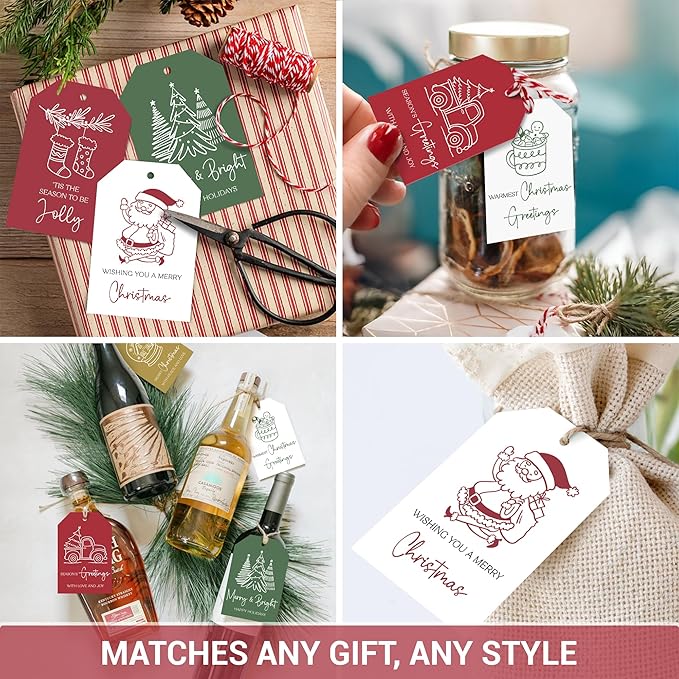 AUDREE 48 Pcs Christmas Gift Tags with String - Funny Holiday Gift Tags for Xmas Presents - Christmas Name Tags for Gifts - Hanging Labels Decoration Xmas Winter Holiday Present DIY Crafts