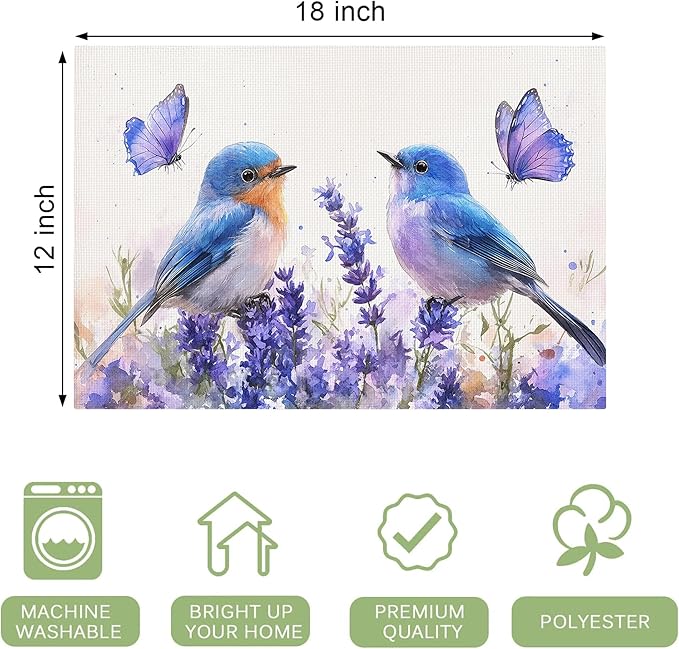 Lavender Birds Placemats Set of 6 Washable Table Mats Spring Floral Flower Heat-Resistant Cotton Linen Place Mats for Dining Table Kitchen Indoor Outdoor Party Holiday Decor