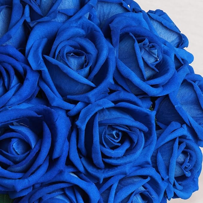 BLEUM CADE 100 Pcs Blue Roses Artificial Flowers, Real Touch Velvet Roses Fake Flowers Bulk, Artificial Roses Bouquet with Long Stems Bridal DIY Wedding Party Centerpiece Decorations
