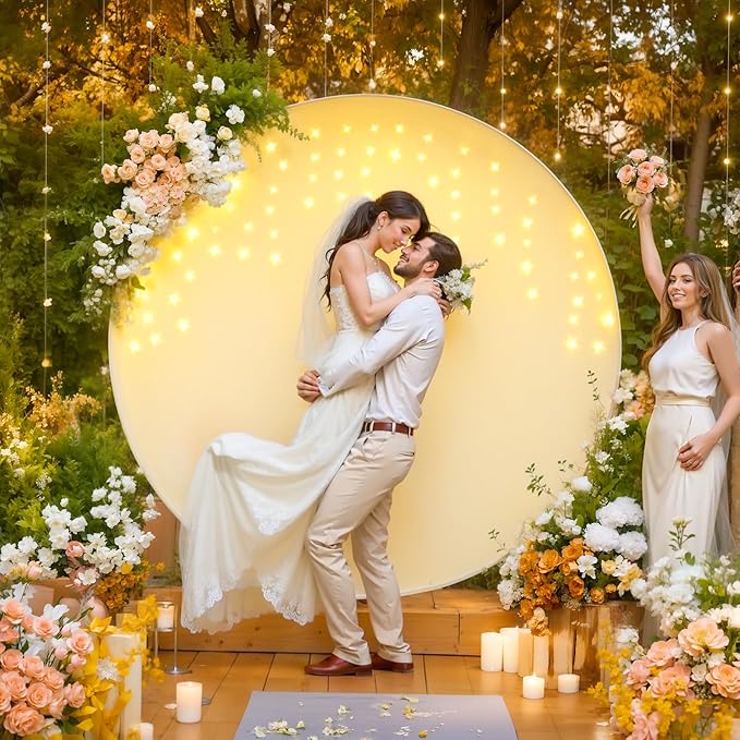6.6 FT Ivory Round Backdrop Cover with Lights String for Circle Arch Stand Circle Backdrop Covers with LED Fairy Lights for Wedding Arch Baby Shower Birthday Party Photo Shoot Photography Background