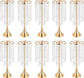10 Pack Acrylic Crystal Flower Vases, Trumpet Shape Centerpiece with Hand-Strung Beads, Flower Stand Wedding Centerpieces on Floor for Wedding Aisle Decor, Event Centerpieces Decoration (Gold)