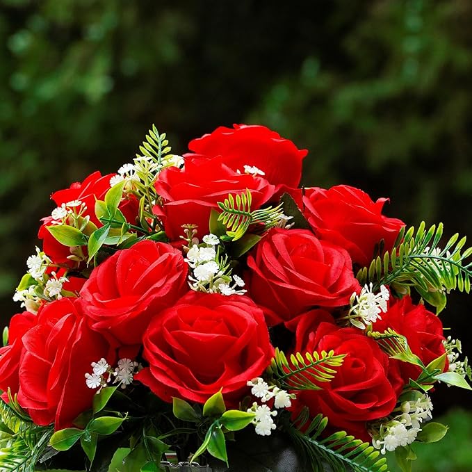 ENOVA FLORAL 18 Heads Silk Rose Artificial Flowers in Vase,Faux Rose Flowers Arrangement in Round Bowl Vase with Faux Water and River Rock for Table Decor Centerpieces (Red)
