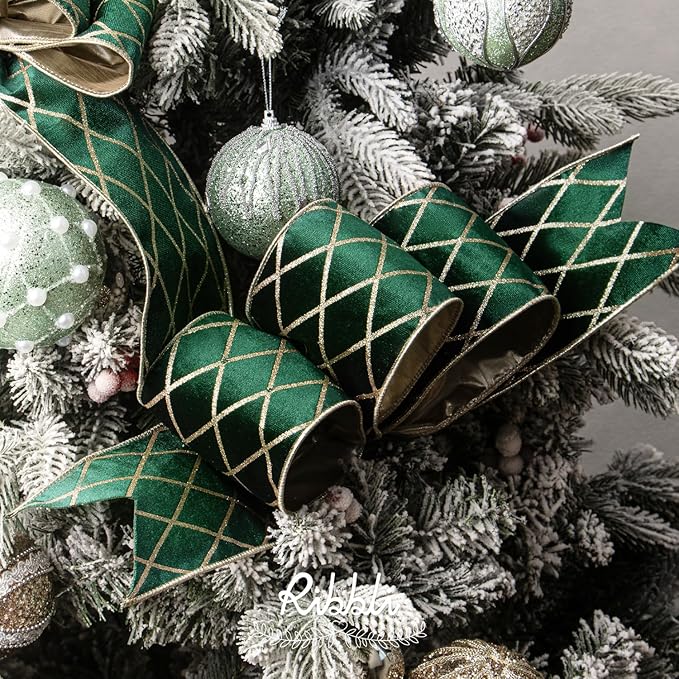 Ribbli Forest Green Velvet Ribbon Wired with Glitter Diamond Grid 4 Inch Christmas Ribbon for Christmas Tree Decoration Big Bow Gift Wrapping Crafts Wreaths Garland Supplies - 10 Yards