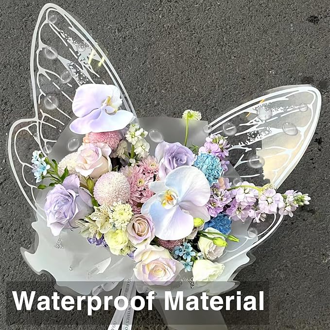 LLBWKC 20 Sets Butterfly Flower Wrapping Paper, Waterproof Butterfly Flower Bouquet Wrapping Paper, OPP Clear Floral Wraps for Florist Supplies, Gift Packaging, DIY Craft 20x22 in (White Butterfly)