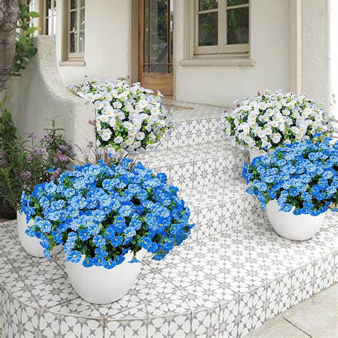 Artificial Outdoor Flowers 16 Bundles Fake Morning Glory Flower Outdoor UV Resistant Plastic Faux Flowers Plants for Decoration Indoor Outdoor Hanging Window Box Planter Home Porch Decor (Blue)