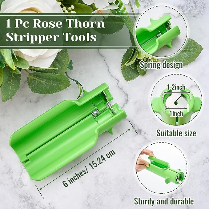 Lasnten 9 Pcs Rose Stripper Thorn Remover Set Include 1 Rose Thorn Stripper Tool 5 Floral Tape 1 Flower Scissor 1 Curve Gardening Scissors 1 Pair Gardening Gloves for Home Wedding Florist(Green)