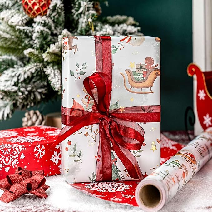 MAYPLUSS Christmas Wrapping Paper Roll - 17IN X 33FT - Santa Claus Gift Wrapping Paper Featuring Sleigh Christmas Tree Gnome Reindeer Holly Gingerbread Reversible Snowflake for Kids, Holiday, New Year