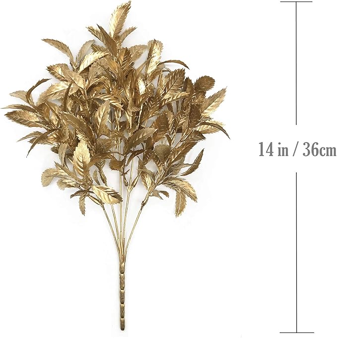 PASYOU Christmas Artificial Plants Decoration, Plastic Grass Fake Shrubs Simulation Leaves Indoor Outdoor Home Garden Planter Filler Party Hotel Verandah Wedding UV Resistant DIY Decor - Gold 2 Pack