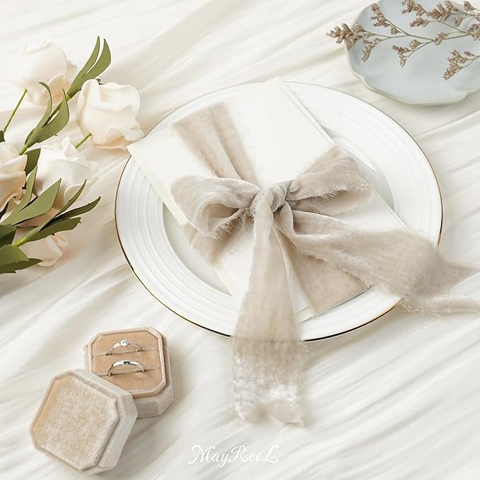MAYREEL 2 Inch Taupe Velvet Ribbon Hand Torn Beige Silk Frayed Edge Ribbon for Bridal Bouquets Invitations Wedding Vow Books Gift Baskets Hair Bows 3 Yards