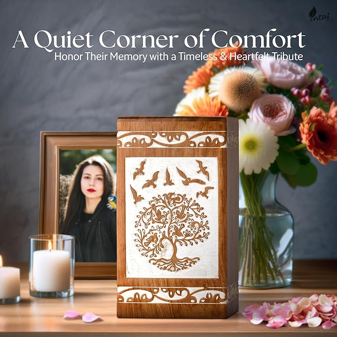 INTAJ Antique White Tree of Life Rosewood Urn for Human Ashes Adult Male Female - 250 lbs Capacity Wooden Cremation Urn Box Suitable for Burial Funeral Decorative Spiritual Memorial Casket