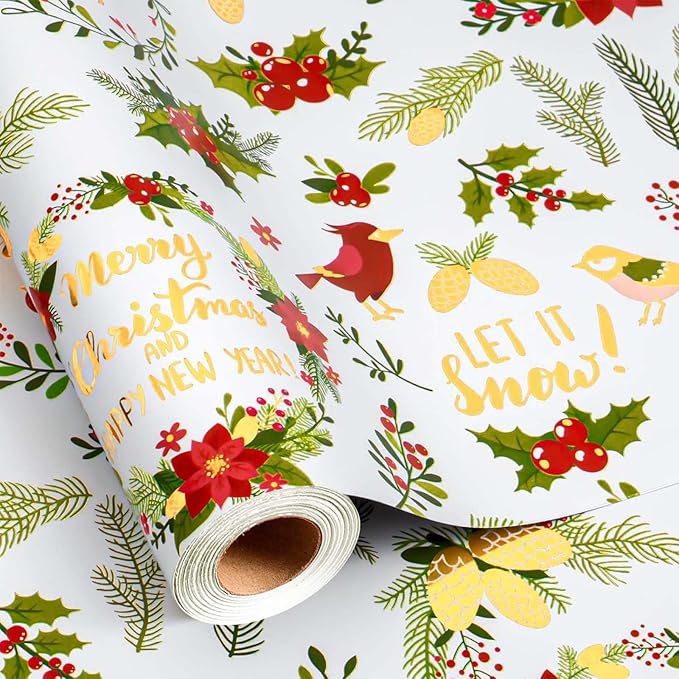 MAYPLUSS Christmas Wreath Wrapping Paper - 17Inch X 33Feet - Beautiful Holiday Wreaths, Vintage Holly Berry & Red Flower Festive Christmas Design Holiday Gift Wrap Paper for Winter Birthday, Wedding
