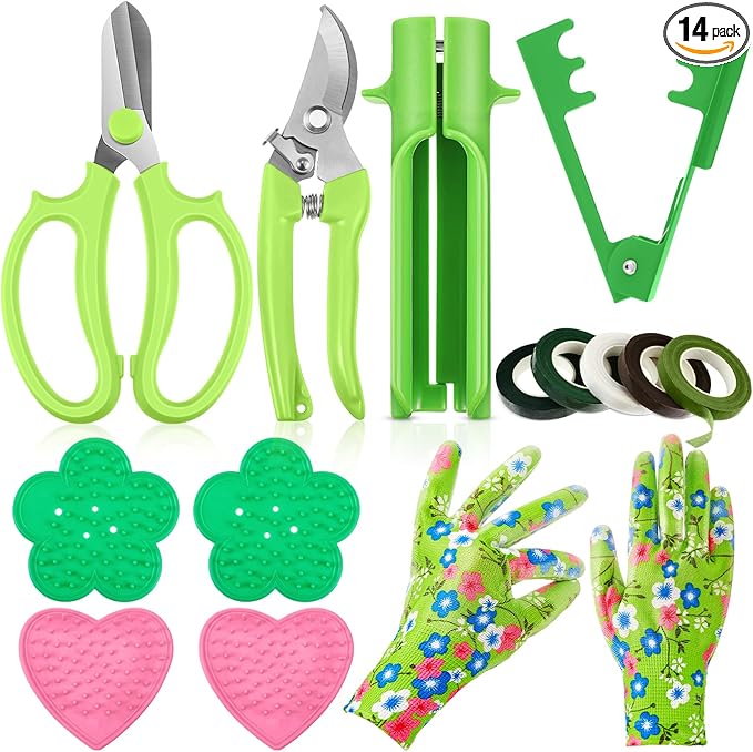 Lasnten 14 Pcs Rose Stripper Thorn Remover Tool Garden Pruning Shears Scissors Kit Leaf Stripping Tool Floral Gloves and Floral Tape Flower Stripper Kit Gift for Wedding Outdoor Gardening (Green)