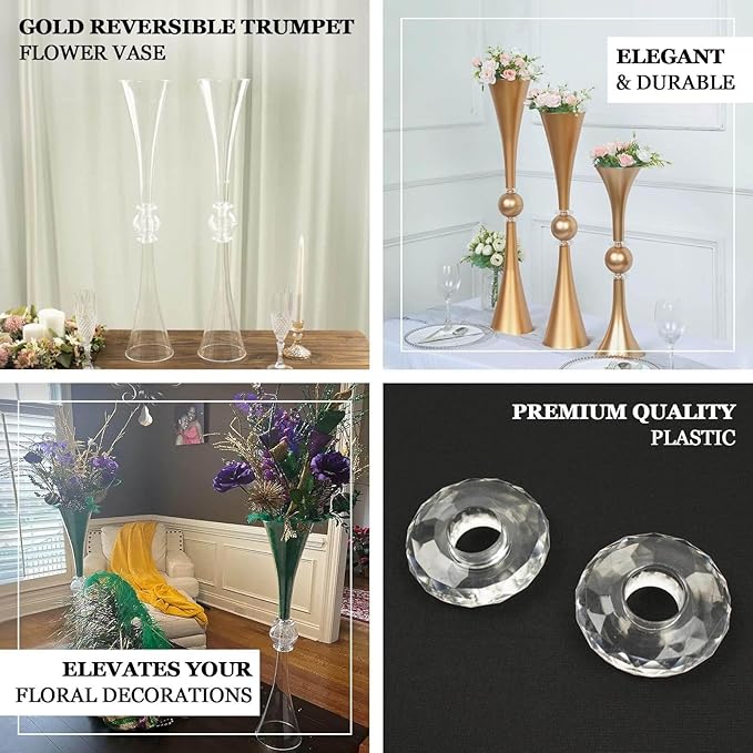 Efavormart 2 Pack | 31" Gold Crystal Embellishment Trumpet Table Centerpiece, Reversible Plastic Flower Vase