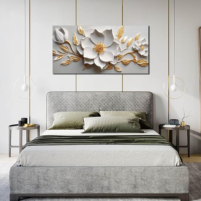 Canvas Wall Art for Living Room Bedroom Office White and Gold Flower Artwork Large Botanical Wall Art Framed Wall Decor Modern Canvas Prints 29x59 In