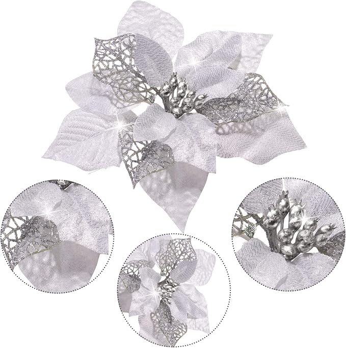WILLBOND 36 Pieces Christmas Poinsettia Glitter Faux Flowers Christmas Artificial Flowers Tree Ornaments Topper Xmas Decorations(Silver)