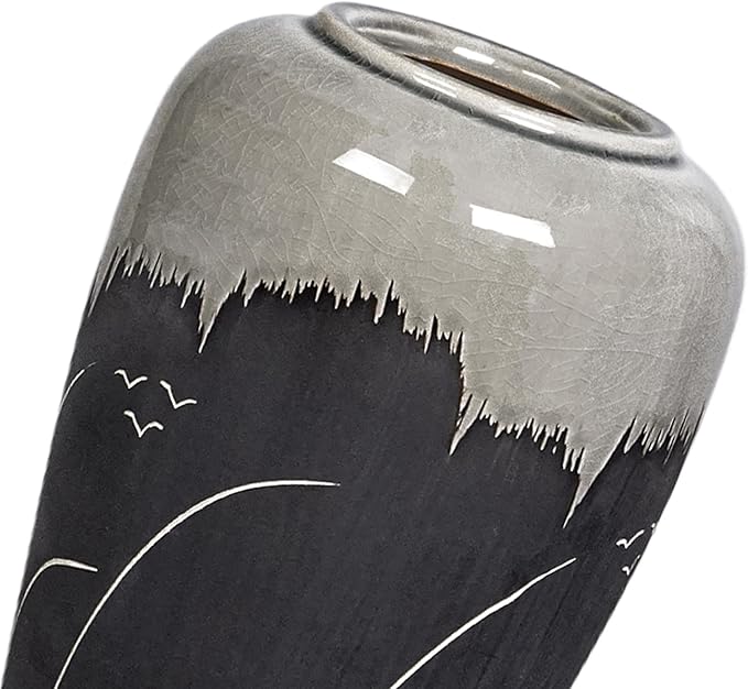 Black and Gray Vase, 8 Inch Grey Ceramic Vase with Crackle Finish, Minimalist Decorative Vases for Modern Home Decor, Office Desk, Living Room Table Centerpiece