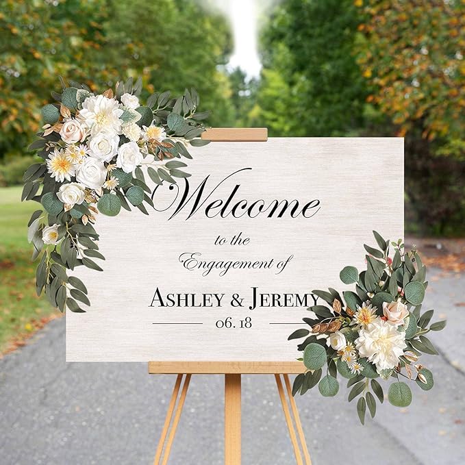 Yellow White Wedding Arch Flowers, Faux Flower Swag Set of 2, White Floral Swag for Wedding Arch Welcome Signs, Reception Ceremony Signs Decor
