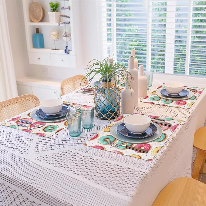 Sweet Doughnuts Placemats Set of 6, Washable Linen Place Mats, Colorful Donut Pattern Table Mats for Kitchen Dining Table Decor Heat Resistant Tablemats 12x18