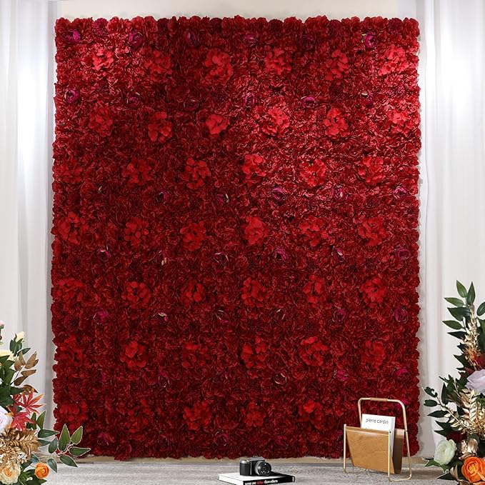 Flower Wall Panel 12 pcs 16.5x16.5 Inch Floral Wall Backdrop Artificial Silk Rose Wall Decor Ideal for Wedding Celebrations, Festive Party Backdrops, and Home Decor-Maroon