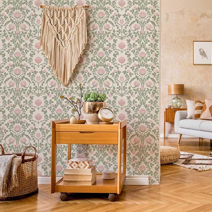 Floral Wallpaper Peel and Stick - 393.7" × 17.3" Pink and Green Wallpaper for Bedroom Decorative Self Adhesive Shelf Drawer Liner
