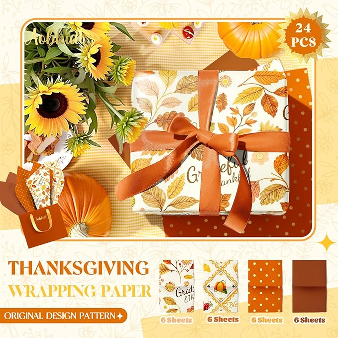 Aobkiat Fall Thanksgiving Tissue Paper for Gift Bags,24 Sheets Pumpkin Maple Leaf Design Paper,Orange Wrapping Craft Paper for DIY, Autumn Harvest Present Packaging,15 x 20 Inch