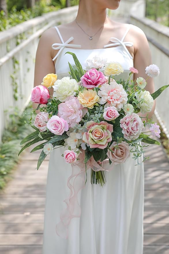 Light Pink Artificial Flowers Combo Set Fake Flower Leaf Box with Stemst for DIY Wedding Bridal Bouquet, Centerpieces, Home Decor, Floral Arrangement Decor