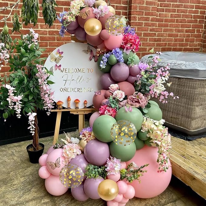 Dusty Green Purple Pink Balloon Arch Kit, Fairy Wildflower Balloon Garland Sage Green Blush Pink Lavender Purple Gold Balloons for Flower Floral Wonderland Baby Shower Wedding Birthday Party Decor