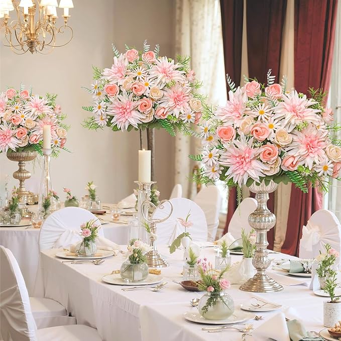4PCS Artificial Flowers Dahlia Bouquet Fake Flowers Pink Silk Roses Daisies Faux Floral Arrangements for Dining Table Centerpieces for Kitchen Bridal Bouquet Wedding Party Home Decor