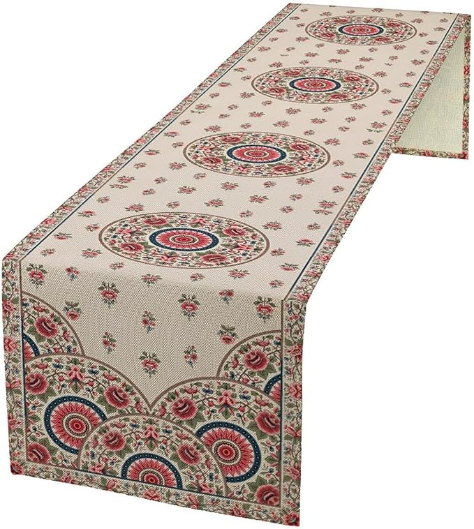 Bohemian Floral Table Runner, Vintage Ethnic Mandala Pink Flowers Boho Design Table Runner for Kitchen Dining Party Wedding, 13x90 Inch