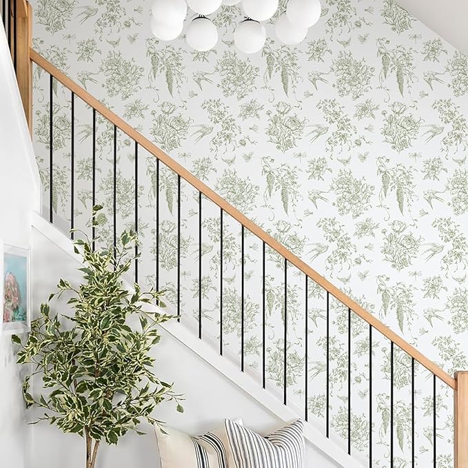 Floral Birds Wallpaper Peel and Stick Green and White Contact Paper 16.9”x 196.8” Vintage Floral Self Adhesive Removable Wallpaper Green Flower Contact Paper for Bathroom Kitchen Decor