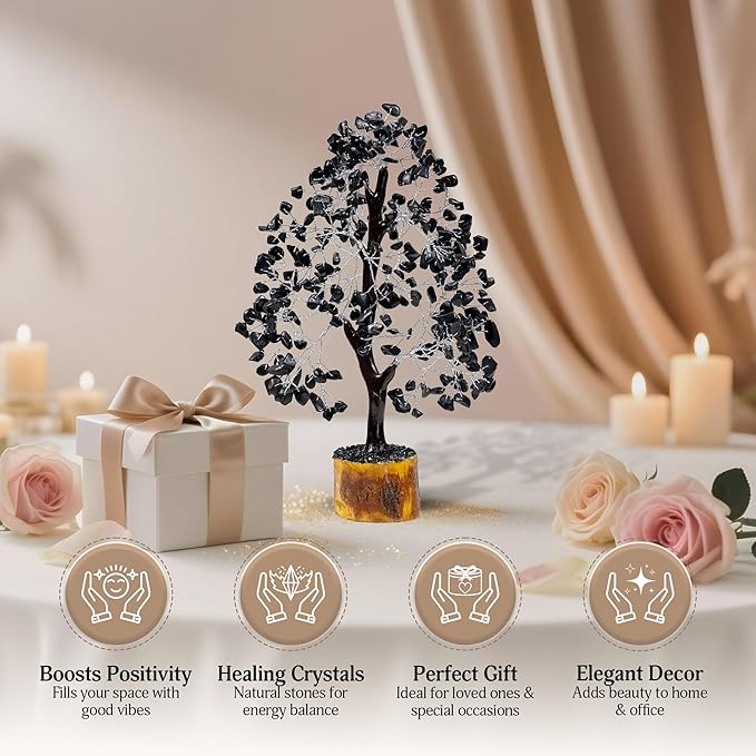 FASHIONZAADI Black Tourmaline Gemstone Tree - Crystal Tree of Life - Crystals and Stones Home Office Decor - Good Luck Gifts for Women