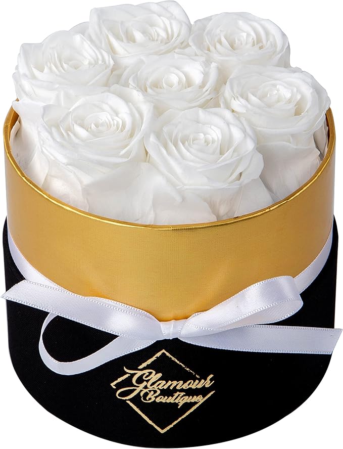 GLAMOUR BOUTIQUE Eternal Preserved Roses in a Box - Flowers Forever, Rose Forever in a Box for Wife, Birthday Gifts for Her, 7 Roses, White