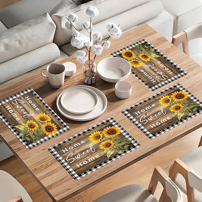 Farmhouse Sunflower Placemats Set of 4, Home Sweet Home Place Mats, Rustic Dining Table Mats, Washable Placemats for Kitchen Dining Room Home Decor 18L'' × 12W''