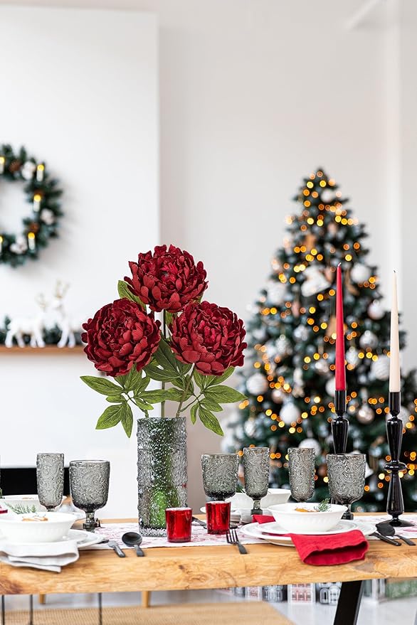 Briful 3PCS Red Peony Artificial Flower Stems 29.1in Long Stem Fake Peonies Silk Floral Arrangement Real Touch Peony Flower for Christmas Home Vase Party Wedding Bouquet Decor