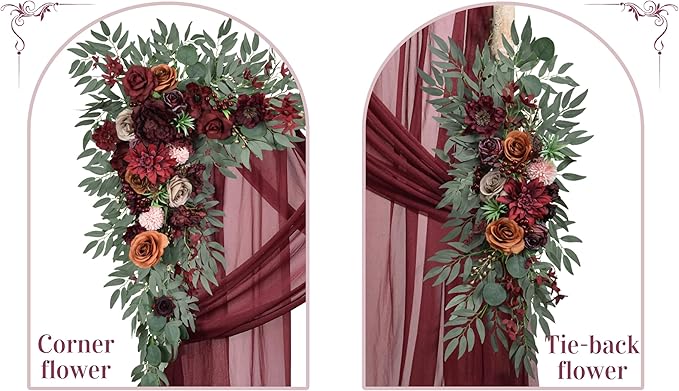 Ting's time Artificial Wedding Arch Flowers Kit(Pack of 4) 2pcs Large Blush Artificial Flower Swags with 2pcs Draping Fabric for Wedding Party Ceremony Decoration(Burgundy)