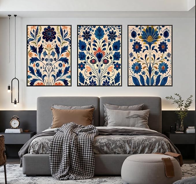 3 Pcs Blue Boho Flower Canvas Wall Art, Floral Painting Poster Wall Decor,Wildflower Botanical Picture for Wall Living Room Bathroom Bedroom Home Decoration 12 * 16 in (Poster no Framed)