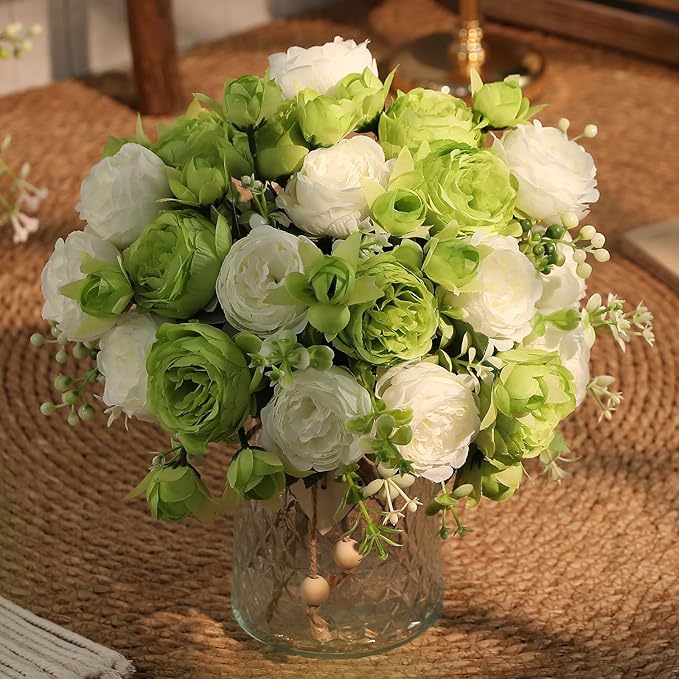 Floweroyal 4 Bunches Peony Artificial Flowers Green Flowers Silk Peonies Bouquets for Wedding Party Table Centerpieces Floral Arrangement Home Kitchen Decor