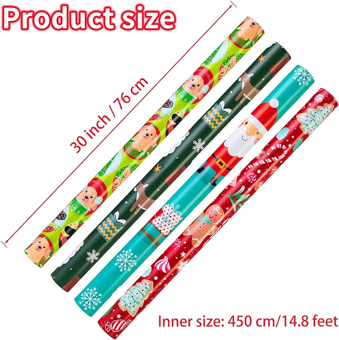 Cherubfunz Christmas Wrapping Paper (4 Rolls: 148 sq. ft. ttl) Santa Claus Carrying Gifts, Candy Cane, Reindeer, Christmas Tree/Bell, Dogs Pattern - 30 inches x 14.8 feet Per Roll