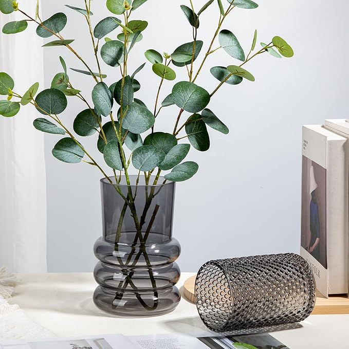 Grey Large Glass Vase for Flowers, 7" H x 4.7" W Flower Vases Decorative Wide Mouth Vase Vintage Glass Vases for Centerpieces Mantel Shelf Table Home Decor