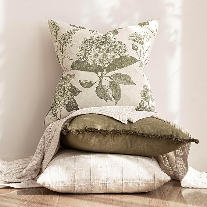 Foindtower Set of 2 Linen Floral Throw Pillow Covers Vintage Accent Print Decorative Cushion Covers Farmhouse Boho Home Decor for Sofa Chair Couch Bedroom Living Room,20×20 Inch,Sage Green
