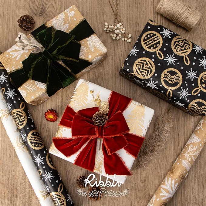 Ribbli Christmas Wrapping Paper Christmas Tree with Gold Foil White Kraft Gift Wrapping Paper Rolls -17 Inch x 33 Feet Per roll