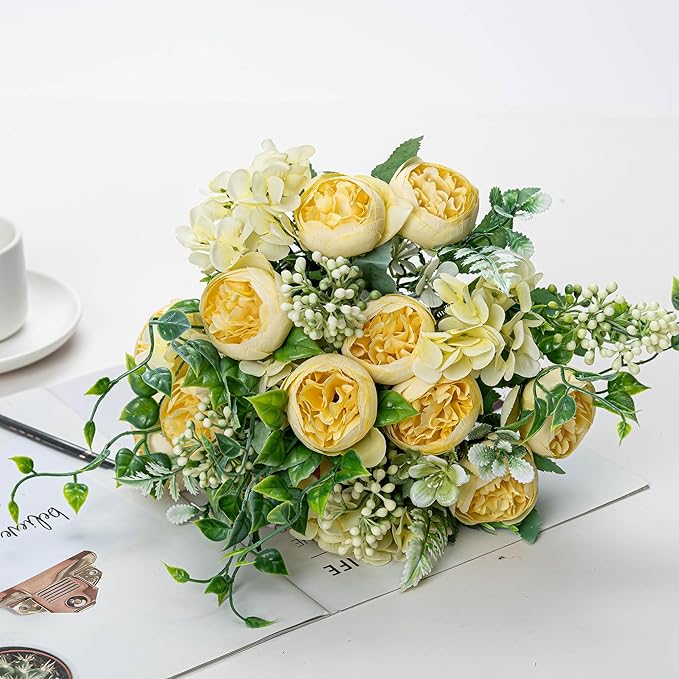 KAOYOO 2 PCS Artificial Peony Bouquet Short Stem for DIY Wedding Decoration Bridal Bouquet Home Decorations(Yellow 2-PCS)