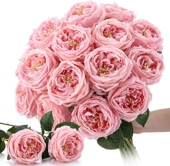 Giegxin 20 Pcs Real Touch Peonies Austin Roses Artificial Flowers, Faux Look Real Long Stems Fake Flower with Big Blooms for Christmas Valentines Wedding Party DIY Arrangement Home Decor(Pink)