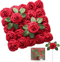 Dark Red Artificial Roses 25pcs, Real Looking Fake Foam Flowers with Stems for DIY Wedding Bouquets, Centerpieces, Valentine's Day, Christmas Tree Decoration