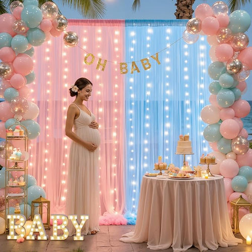 10ft x 10ft Pink Blue Tulle Photo Backdrop Curtain with Lights String for Gender Reveal Sheer Curtain Back Drop Baby Shower Backdrop for Boy or Girls Birthday Party Photo Booth Background Decorations