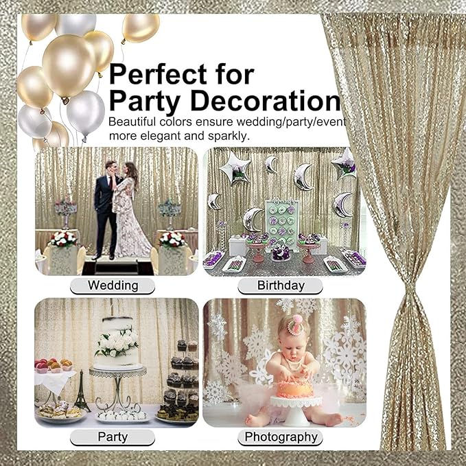 Champagne Backdrop Curtain 2FTx8FT 4 Panels Sequin Backdrop Curtain Glitter Backdrop Photo Background for Wedding Baby Shower Parties