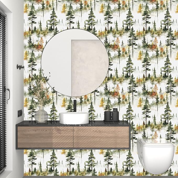 Autumn Forest Wallpaper Peel and Stick, Green/Yellow Pine Trees Contact Paper,Woodland Landscape Wall Mural Self Adhesive Waterproof Removable for Bathroom Shelves Cabinet Drawer Table 17.5" x 118"