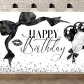 Black Bow Happy Birthday Banner Backdrop 5Wx3H Photography Girls Coquette Birthday Decorations Black White Bowknot Balloons Background Women Party Decorations Photo Booth Props Supplies